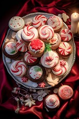 Holiday treats like candy canes, gingerbread cookies, and festive cupcakes are beautifully arranged on plates