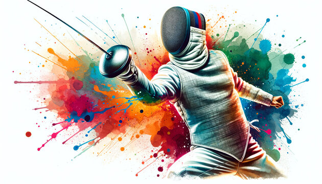 Dynamic illustration of a fencer in a lunge pose with a vibrant explosion of colorful paint splatters, representing energy and the art of fencing.Sport Concept .AI generated.