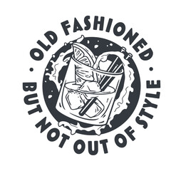 Monochrome old fashioned cocktail with ice, cherry and splash for design of bar menu. American alcohol cocktail with whisky and bourbon for drink party. Tee print