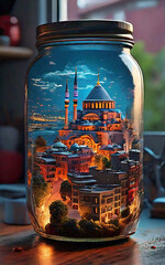 Dreamlike view of istanbul cityscape  in a mason jar on kitchen counter. Istanbul city in a bottle, fantastic view - obrazy, fototapety, plakaty