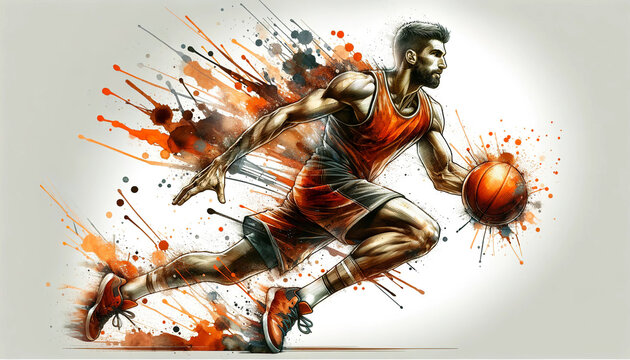 Dynamic illustration of a basketball player in mid-action, with vibrant splashes of orange and brown paint emphasizing movement and the intensity of the sport.Sport concept. AI generated.