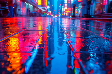 An abstract composition of neon lights reflected in rain-soaked pavement, transforming a mundane urban scene into a vibrant visual spectacle. Concept of urban abstract art. Generative Ai.