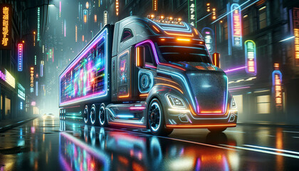 Futuristic truck glowing with neon lights at night on a wet city street with digital billboards background reflecting a cyberpunk aesthetic.AI generated. - obrazy, fototapety, plakaty