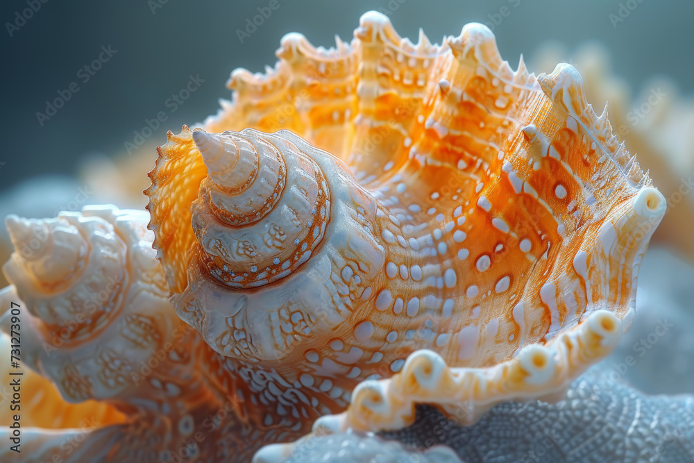 Sticker macro photography revealing the intricate patterns on a seashell, highlighting the natural beauty an