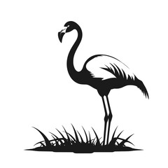 Obraz premium Silhouette of a flamingo standing gracefully among tall grasses, showcasing its elegant long neck and slender legs.