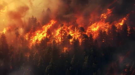 Fototapeta na wymiar the destructive force of wildfires exacerbated by climate change, the scene showcases flames engulfing forests and emitting plumes of smoke,