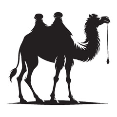camel in desert, Graceful Camel Silhouette: Majestic Desert, Silhouette of a camel, icon of animals, black and white 