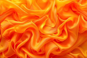 Obraz premium Wavy bright orange silk abstract background of drapery layers and folded textile ruffle, wavy fashion wallpaper