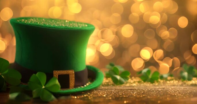 Shiny green hat, gold coins and clover leaves. St. Patrick's day concept