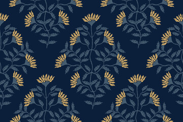 Vintage Floral pattern wallpaper boho branch leaves embroidery texture on dark blue background. flower motif ethnic design abstract vector illustration vintage design for print template