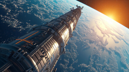 Futuristic 3D rendering of a mind-bending surreal space elevator, stretching into the cosmic abyss. A captivating vision of human progress and technological advancement. - obrazy, fototapety, plakaty