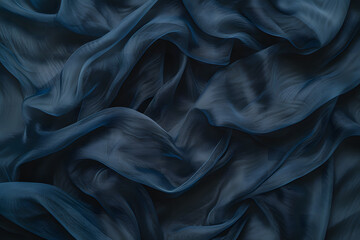 Wavy navy blue silk abstract background of drapery layers and folded textile ruffle, wavy fashion wallpaper