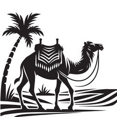 "Arabian Camel Elegance: A Majestic Silhouette Stands Amidst Desert Oasis with Graceful Date Trees. Embrace the Charm of Nature's Harmony in this Captivating Scene, Perfect for Decor and Design. 