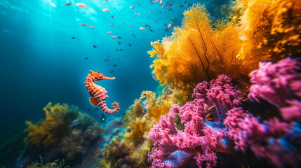 Fototapeta na wymiar An orange seahorse hovers in the blue ocean, surrounded by a colorful coral reef.