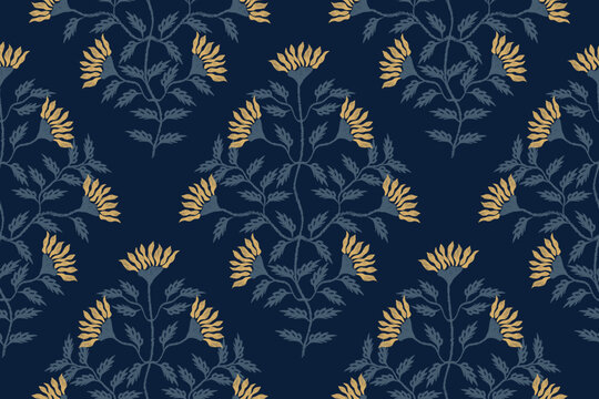 Vintage Floral pattern wallpaper boho branch leaves embroidery texture on dark blue background. flower motif ethnic design abstract vector illustration vintage design for print template