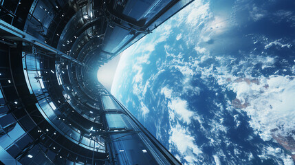 A mind-bending 3D render of a futuristic space elevator stretching infinitely into space, defying gravity and challenging reality. This captivating image beautifully blends science fiction a - obrazy, fototapety, plakaty