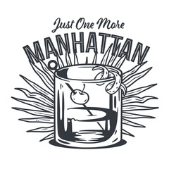 Monochrome manhattan cocktail, old fashioned with whiskey, vermouth and cherry for design of bar menu. Alcohol cocktail for drink party or tee print