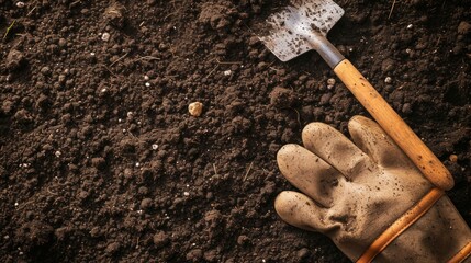 A pair of garden gloves and a trowel laid on freshly turned soil