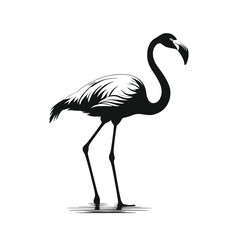 Naklejka premium Monochrome illustration of a flamingo standing gracefully, showcasing its elegant long neck and legs against a simple white background.