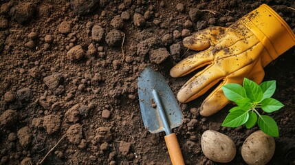 A pair of garden gloves and a trowel laid on freshly turned soil - obrazy, fototapety, plakaty