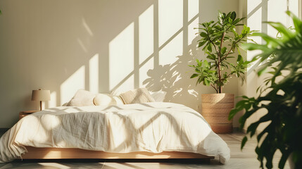 Modern bedroom, white minimalist interior, sofa, tiled floor, home plants.