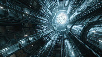 Futuristic 3D rendering of a mind-bending surreal space elevator reaching towards the infinite skies. A stunning blend of technology and imagination. - obrazy, fototapety, plakaty