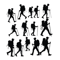 Obraz premium Silhouettes of diverse hikers with backpacks walking using trekking poles against a white background, capturing a sense of adventure and outdoor exploration.