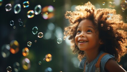 Black afro american girl on grass laughing while bubbles fly around her, afro boy on a city street full of soap bubbles, colorful background with rainbow soap balloon