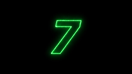 abstract glowing neon counting number text illustration background. Neon number 7 on black background. seven
