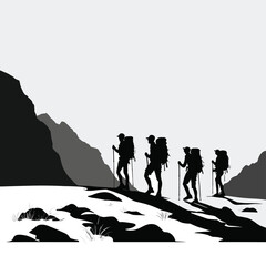 Silhouettes of hikers trekking through rugged mountain terrain, showcasing adventure and exploration in a minimalist monochromatic style.