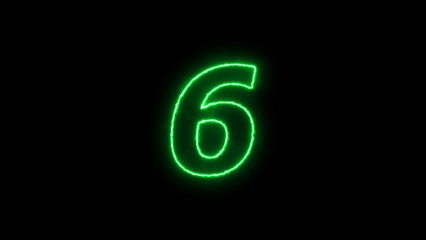 abstract glowing neon counting number text illustration background. Neon number 6 on black background. six