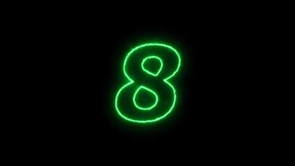 abstract glowing neon counting number text illustration background. Neon number 8 on black background. eight
