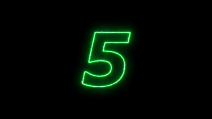 abstract glowing neon counting number text illustration background. Neon number 5 on black background. five