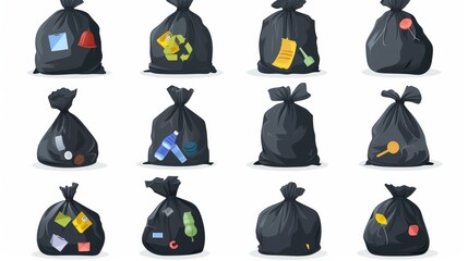 Vector illustration of big black plastic bags filled with waste, isolated on a white background. These packs are full of rubbish, packets, and litter