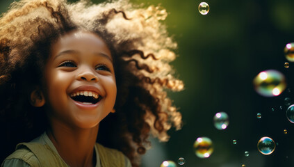 Black afro american girl on grass laughing while bubbles fly around her, afro boy on a city street full of soap bubbles, colorful background with rainbow soap balloon