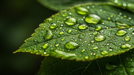 A close-up of raindrops on a green leaf