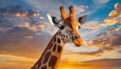 giraffe head and neck close up the giraffe is a large african mammal in the background sunset clouds - obrazy, fototapety, plakaty