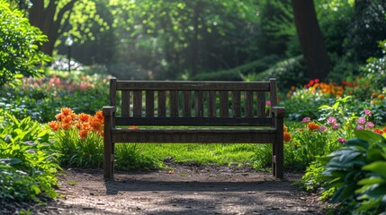 A peaceful scene of a sunlit, empty bench in a blooming garden