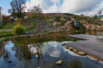 Obraz premium Luhacovice, Czech Republic - October 28, 2023 - The Augustinian House garden on a sunny autumn afternoon