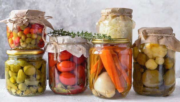 assorted pickled or fermented vegetables in jars on white sealed and stored