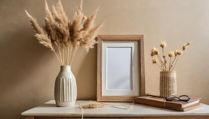 empty wooden picture frame mockup hanging on beige wall background boho shaped vase dry flowers on table working space home office flowers in vase on the table