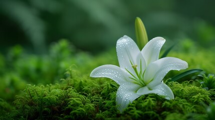 A pristine white lily emerging from a bed of emerald moss