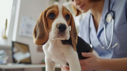 A photo of a beagle puppy at a veterinarian's examination at a veterinary clinic