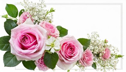 pink rose flowers and limonium in a corner floral arrangements with frame isolated on white or transparent background