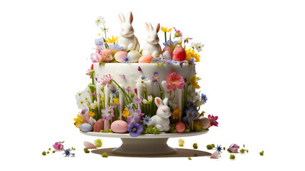 Fototapeta na wymiar Easter cake with candles, bunny and eggs, decorative spring flowers