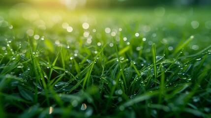 Fototapeta premium A close-up of dew drops on grass