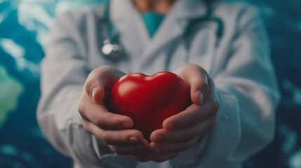 Health Worker with Stethoscope Holding a Glossy Red Heart