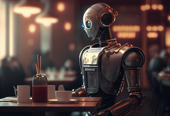3d illustration robotic technology as waiter in modern restaurant. - obrazy, fototapety, plakaty
