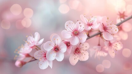 Fototapeta na wymiar A delicate cherry blossom branch against a soft pastel sky