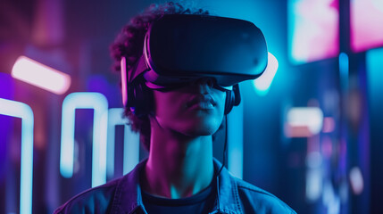 Immersed in a futuristic virtual reality, a young individual experiences advanced VR technology in a neon-lit room, illustrating the intersection of modern entertainment and cutting-edge tech.